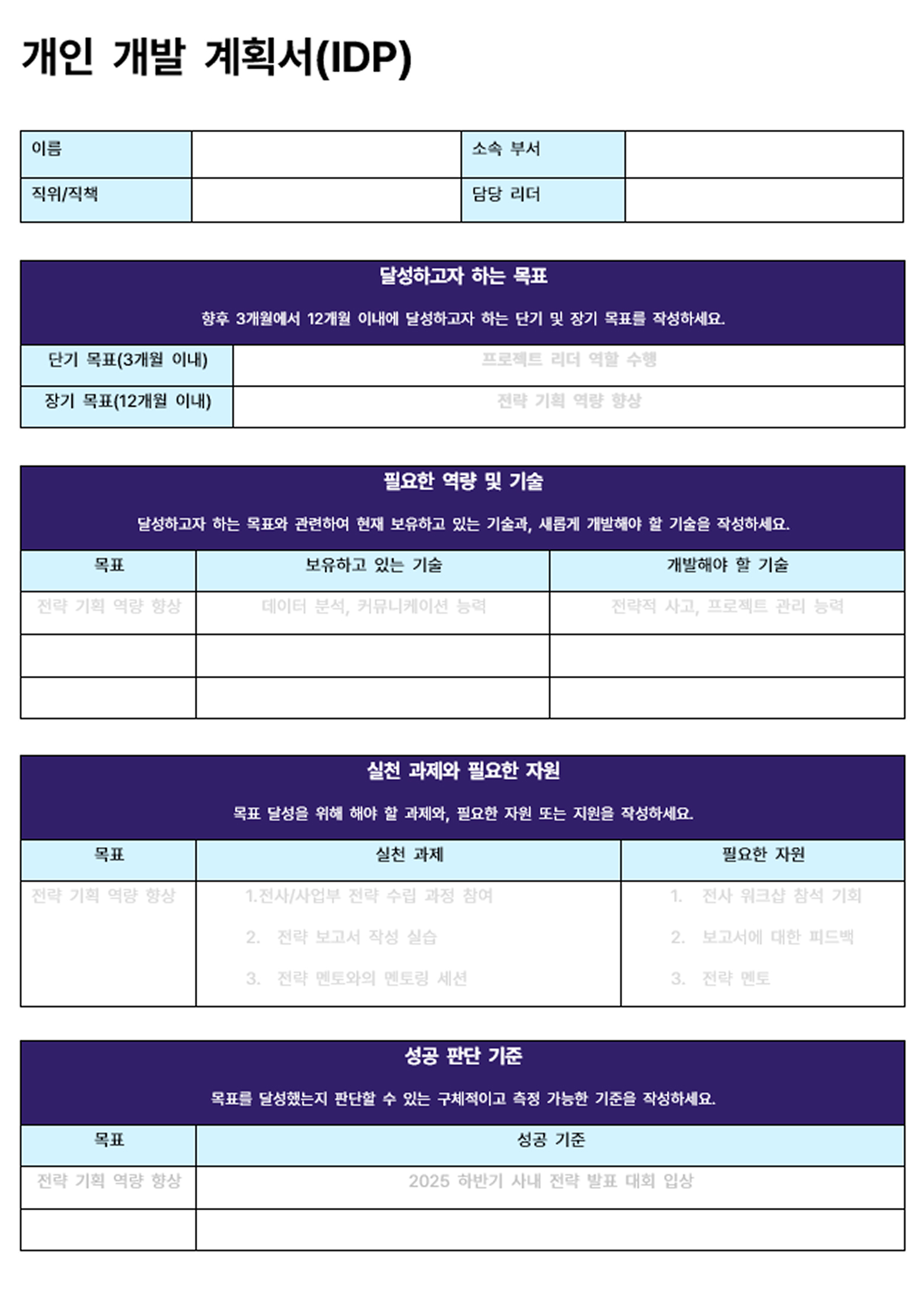 개인 개발 계획서(IDP)양식 미리보기