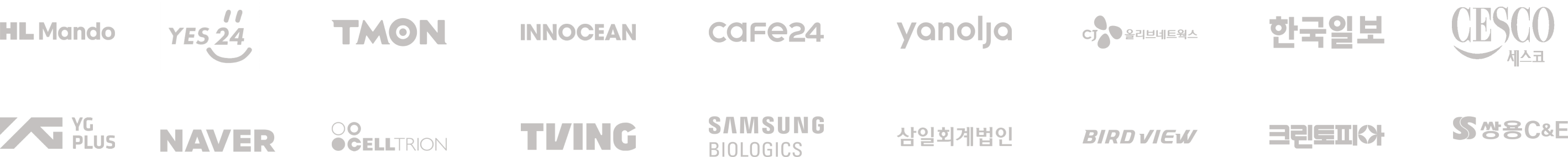HL Mando, YES24, TMON, INNOCEAN, CAFE24, yanolja, CJ 올리브네트웍스, 한국일보, 세스코, YG PLUS, NAVER, CELLTRION, TVING, SAMSUNG BIOLOGICS, 삼일회계법인, BIRDVIEW, 크린토피아, 쌍용C&E